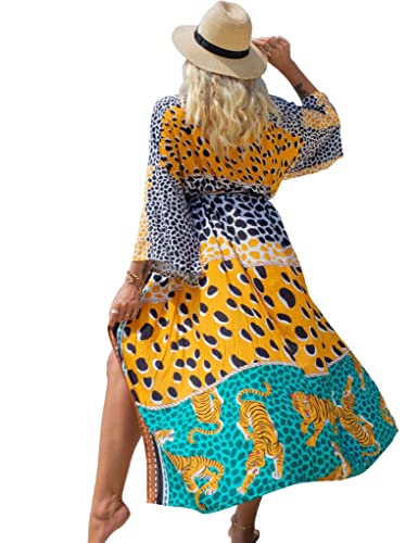 Bsubseach Colorful Cover Ups For Swimwear Women Swimsuit Cover Ups Kimono Cardigan Long Beach Coverup Yellow Leopard Print #TOP13