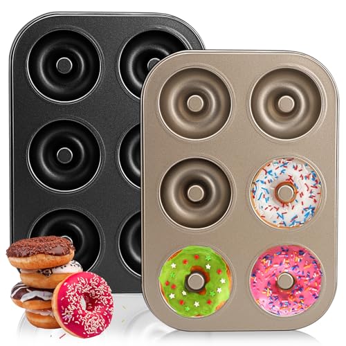 Flearitzo 2 PCS Molde para Donuts con 6 cavidades 6 cavidades con saliente central para hacer donutsacero antiadherente bandeja para hornear rosquillas repostería postres 10.4×7.4×0.4 in(Negro+Oro)