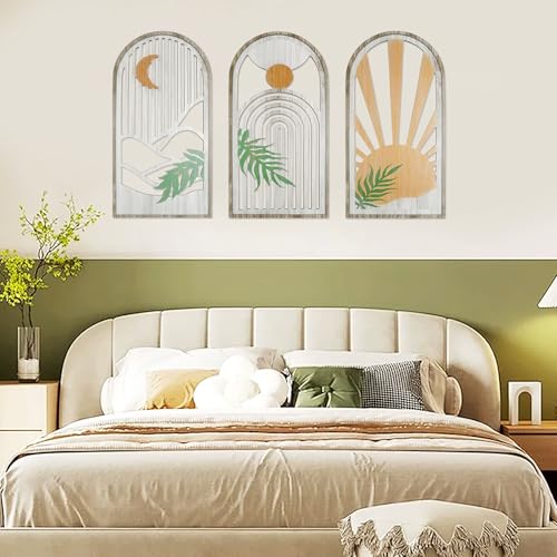 Miniatura 4 de Yiya 3 Piezas Bohemia Decoracion Pared Decoración De Paredes De Madera Moderno Minimalista Pared Decoración Bohemia Para Sala De Estar O Dormitorio Sol Y Luna