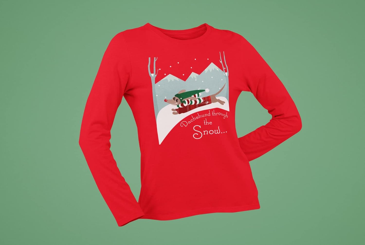 Old Glory Christmas Dachshund Weiner Dog Holiday Xmas Funny Cute Women’s Long Sleeve T-Shirt, Dashing Through the Snow, Red, Cotton, X-Large