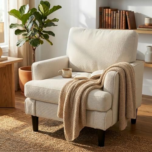 Kromax Accent Chair for Living Room, No Screws Assembly Required, Mid-Century Reading Chair for Bedroom, Comfy Upholstered Armchair with Sturdy Legs, Single Sofa Chair for Apartment, Beige