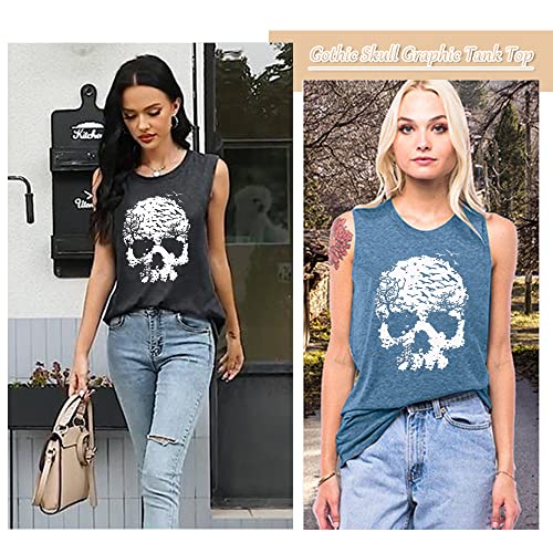 Women's Skull Graphic Tank Top - Xl, Gothic Horror Loose Fit Sleeveless Summer Casual Shirt, Workout & Halloween Tee (Grey) #TOP6