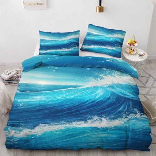 BIAFRA Conjunto de capa de edredom tamanho casal com estampa azul, 3 peças, design reversível, micro