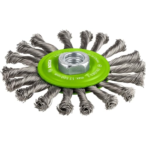 Bosch 1x PRO Stainless Steel Longlife Scheibenbürste, gezopfter Draht für kleine Winkelschleifer und M14-Gewinde (für Nichteisenmetalle, Stahl, Ø 115 mm, Professional Zubehör Kleiner Winkelschleifer)