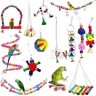 BIPY 14 PCS Bird Parrot Toys Cage Hanging Bell Ball Hammock Swing Ladder Toy Pet Bird Mirror Scooter Chewing Perches Wooden Toys for Parrots Parakeets Birds Finches Random Color