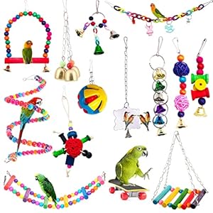 BIPY 14 PCS Bird Parrot Toys Cage Hanging Bell Ball Hammock Swing Ladder Toy Pet Bird Mirror Scooter Chewing Perches Wooden Toys for Parrots Parakeets Birds Finches Random Color