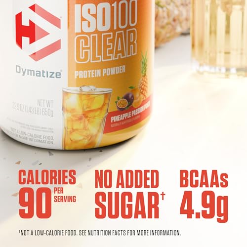 Image of Dymatize ISO100 Clear Protein Powder - Only 6 Ingredients - Whey Protein Isolate, Pineapple Passion Punch, 20g Protein, 4.9g BCAAs, 90 Calories, 0g Fat, 0g Sugar, 2g Carb, Gluten Free (25 Servings)
