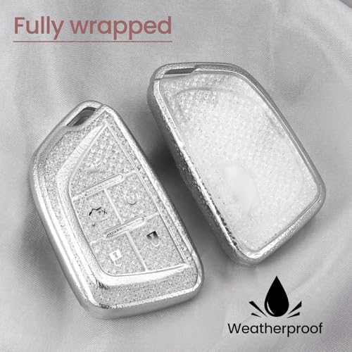 Image of for Cadillac Key Fob Cover with Fashionable Zirconia Wristlet KeyChain, Enchanting Diamond Patterns Soft Case for Escalade ATS XT4 /5 /6 XTS CT5 /6 ESV (White, B1)
