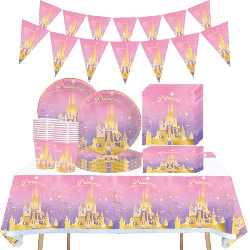 62 peças louça de festa de aniversário castelo de princesa rosa, louça de aniversário infantil, festa de aniversário de menina, para 20 pessoas