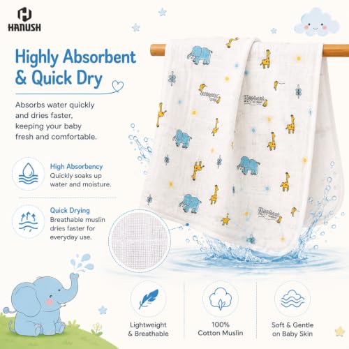 Image of HANUSH 100% Organic Muslin Cotton Hooded Baby Towel - Cute Giraffe & Elephant Print | Ultra Soft, Super Absorbent, Lightweight & Quick Dry Bath Wrap (75x75 cm) for Newborns & Toddlers (0-3 Years)
