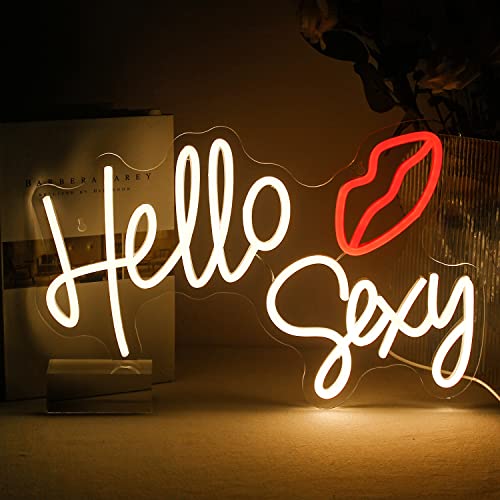 ineonlife Hello Sexy Neonschild Warmweiß LED Neonlicht Buchstaben Rote Lippen Dekorative Wandleuchten für Mädchen Jungen Zimmer Hochzeit Jahrestag Verlobung Geburtstag Party Dekoration mit USB Power Cover