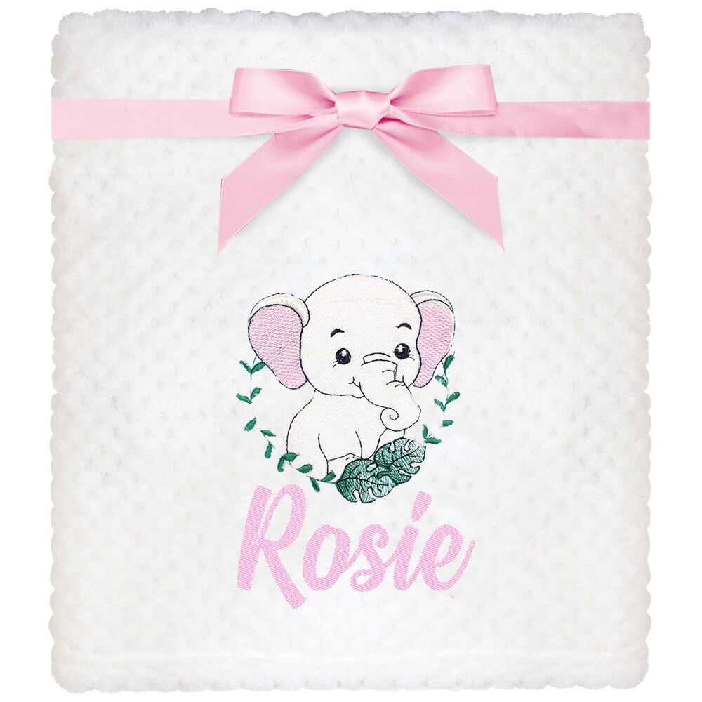 TeddyT's Personalised Elephant White Waffle Baby Blanket with Embroidered Metallic Sparkle Silver Elephant (Baby Pink)