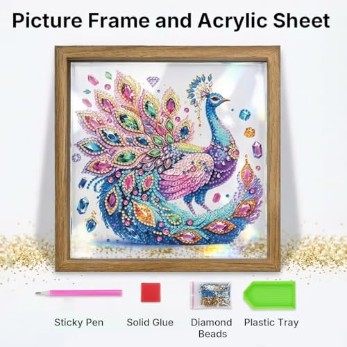 Image of HASTHIP DIY Acrylic Diamond Art Kit -Peacock 3D Framed - Clear Acrylic Canvas & Wooden Frame - Diamond Painting Kit for Home Decor-Patterned