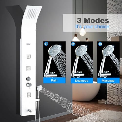 Image of JAAZ | Imperial White Shower Panel Tower System | 3 Body Jets, Tub Spout & Hand Shower with 3 Modes | Adjustable Knobs | Bathroom Shower Set