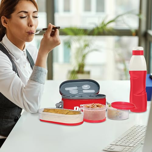 Image of MILTON Hydrameal Combo Set Lunch Box with Insulated Jacket & 490 ml Water Bottle, 3 Containers (450 ml, 280 ml, 280 ml), Microwavable & Leak-Proof Tiffin for Office, School & College, Red