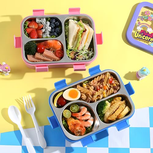Image of Kids Tiffin Box Stainless Steel Lunch Box for School Boys & Girls | Leakproof Bento Lunch Box with 3 Compartments | Food Grade 304 Steel | Lunch Box for Kids School, Snacks & Office Use 700ML
