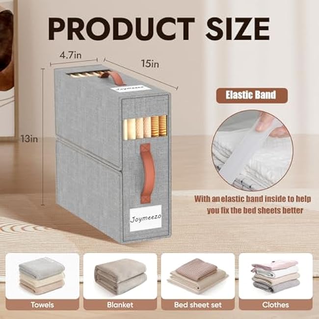 4 Pack Bed Sheet Organizers and Storage(King &Queen Size) with an Elastic Strap, Foldable Closet Linen Sheet Storage Container, Sheet Set Box for Blankets, Duvet Covers and Pillowcase, Grey