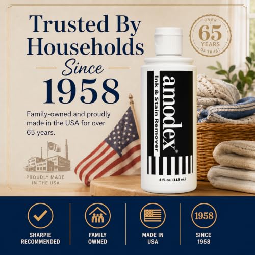 Image of Amodex Ink & Stain Remover for Clothes, Leather and Skin - Removes Ink, Ballpoint, Sharpie, Grease and More, Works on Set-in Stains, Gentle but Powerful, 4oz /120ml Bottle (Pack of 2)