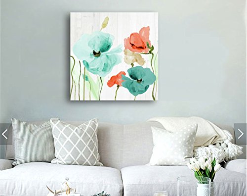 Genius Decor - Teal and Coral Flowers Floral Canvas Wall Art Decor (Teal Coral, 16x16inch)