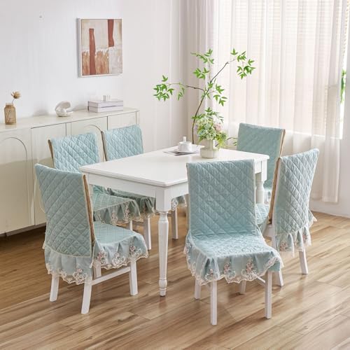 Image of HOMETHREADS Vintage Dining Chair Protector Cover, Quilted Cotton with Lace Frills, Easy Slip-On Design, Protects Seat & Backrest While Keeping Chair Visible, Washable & Reusable, Green (Pack of 6)