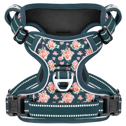 Image of HEELE Dog Harness, Reflective, No Pull No Choke, Flower Blackish Green, S | Front Clip for Small Dog Harness, 2 Metal Rings with Handle, Adjustable, Soft Breathable Padded Pet Vest for Night Walking