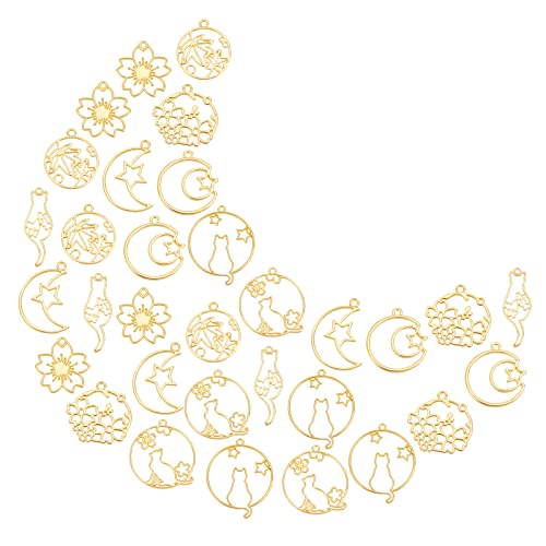 SUNNYCLUE 1 Box 32Pcs 8 Styles Alloy Open Back Bezel Pendants Moon Star Flat Round with Cat Flower Hollow Frame Charms for Crafts