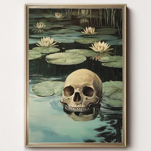 Vintage Skeleton Wall Art Abstract Lotus Flower Painting Moody Floral Botanical Print Abstract Lotus Leaf Wall Art Skull Aesthetic Poster Antique Gothic Picture Skeleton Flower Poster 16x24in No Frame