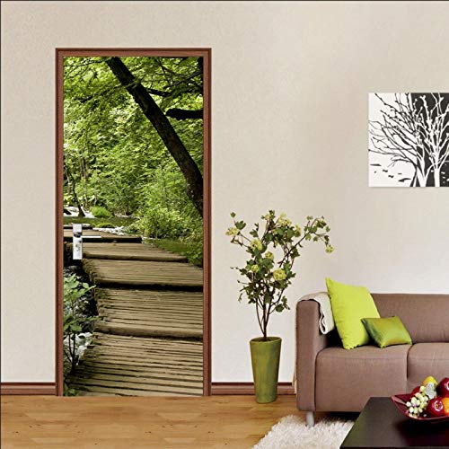 LuSeven 3D posters para pared Verde plantas puente de madera 95x215cm(37.4 inches * 84.64 inches) Pegatina de pared pegatinas de puerta papel tapiz 3D dormitorio sala de estar decoración de puerta Mur