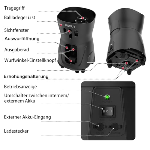 PUSUN PT-MINIPro Tragbare Tennisballmaschine - Leichte Indoor-Tennismaschine mit APP-Steuerung, 65-Ball-Kapazität, Tennistrainer für Schulen (3-5h Akku) (Schwarz)