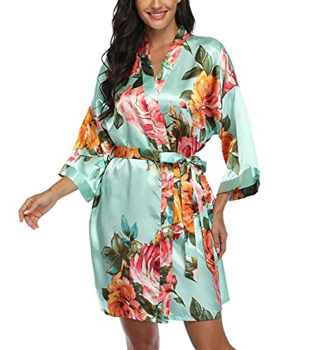 Image of VOGMATE Floral Silk Robes for Women Short Satin Kimono Bride Bridesmaid Robes Bathrobe