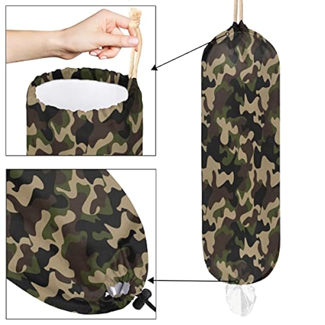 Green Brown Camouflage Plastic Bag Holder Wall Mount Plastic Bag Organizer Large Grocery Bag Storage Dispenser Reusable Shopping Bags Carrier for Home Kitchen Travelling