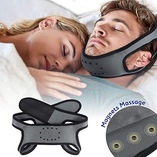 Anti Snoring Chin Strap - Effective Anti Snoring Solution, Patent Design w/Promoting Blood Circulation Magnets, Adjustable Snore Reduction Belt for Men & Women (Grey)