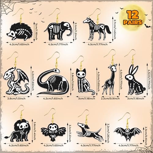 Halloween Skeleton Animal Earrings - Skull Earrings Dangle for Women Teen, Halloween Jewelry Spooky Dangle Drop, Holiday Funny Dangling Accessories Set for Trick or Treat Fun Gift (12 Pairs)2