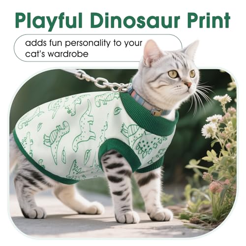 DENTRUN Sleeveless Cat Vest with Dinosaur Print, Breathable Ultra-Soft Dralon Fleece Cat Sweater, All-Season Pet Costume Apparel for Cats, Kitten Clothing for Indoor/Outdoor, Green, XS - Image 6
