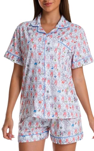 Image of Womens Pajamas Set Shorts Button Down 2 Piece Monkey Bunny Y2k Roller Dupes Rabbit Preppy Lounge Pjs Comfy Sleep Wear