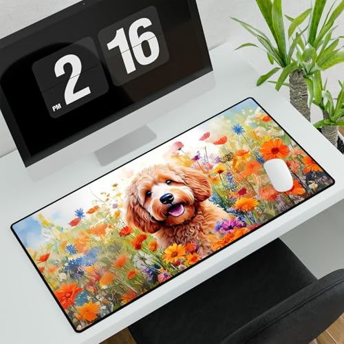 Welcome Spring Summer Goldendoodle Portrait Flower Blue Sky Desk Mat miniatura 3