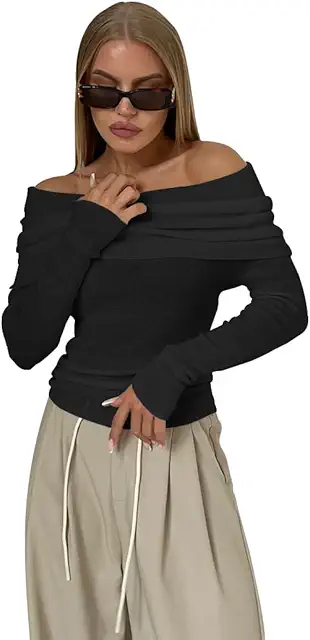 Camiseta de Manga Larga con Cuello Bardot para Mujer - Túnica Elástica y Casual