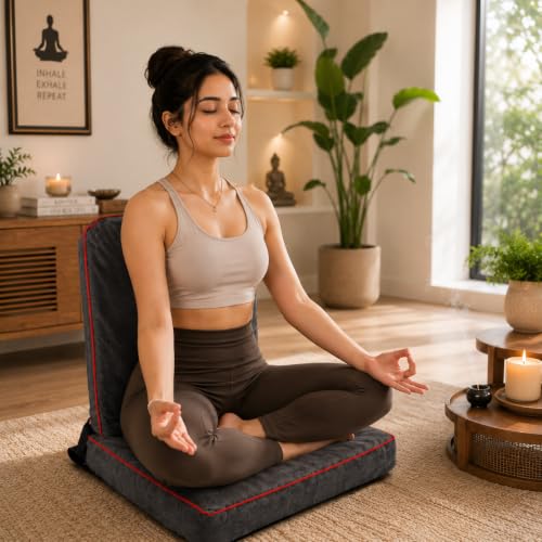 Image of Kawachi Floor Chair with Laptop Table, Foldable Back Support & Portable Study Table Combo, Reading, Work from Home, Meditation & Relaxation Chair (KC32-Dark Grey)