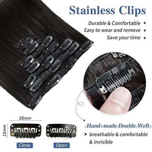 Image of Clip in Hair Extensions Real Human Hair S-noilite #1B Natural Black Double Weft hair extensions 16 Inch Clip in Real Human Hair for Women Balayage Straight 7PCS 125g