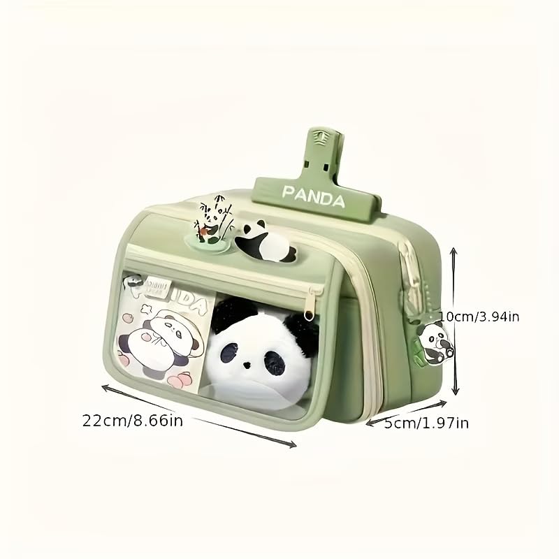Image of Panda Pencil Case,Cute Design Large Capacity with Transparent Window, Includes Panda Doll and Stickers (Light Green)
