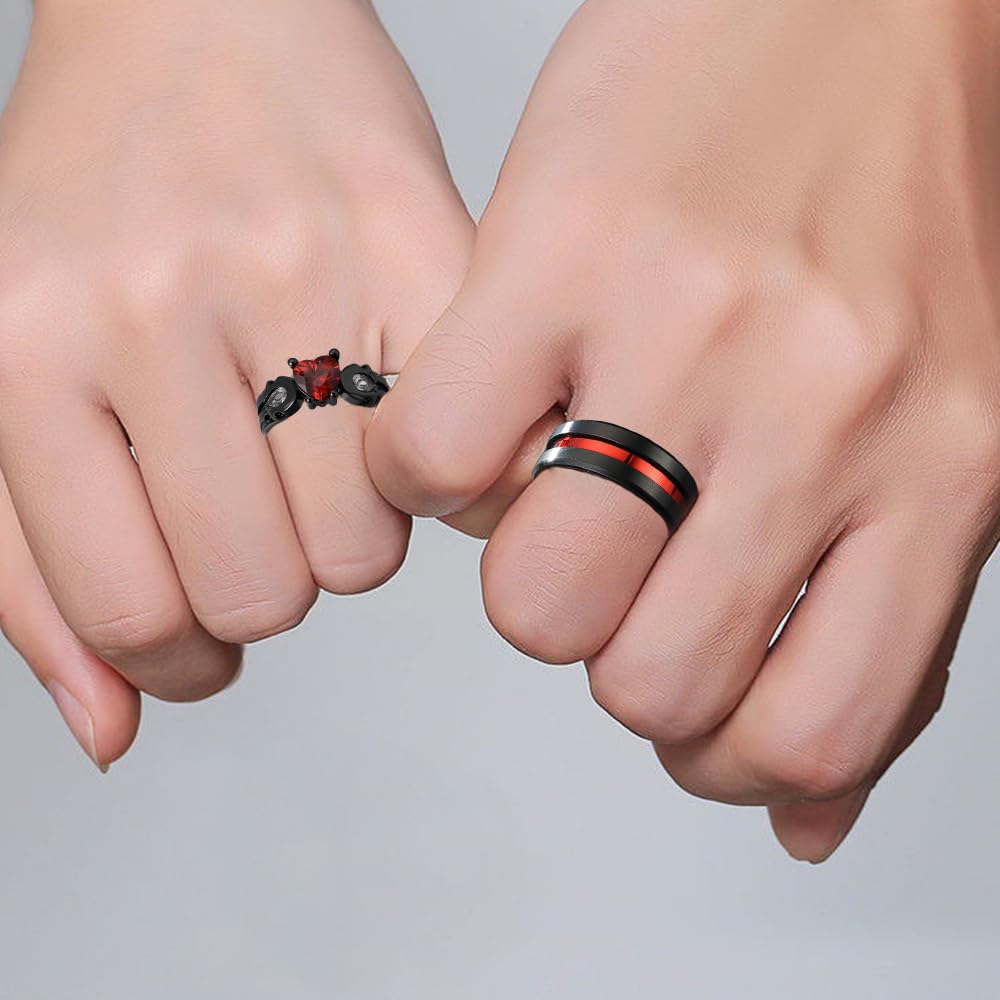 Paar Ringe Personalisiert Pärchen Ringe für 2 mit Gravur Edelstahl Herren Ring Wolfram Schwarz Rot Valentinstag Schmuck für Sie und Ihn Hochzeitstag Geschenke für Paare,Größe 49-69