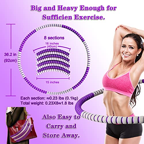 KINGJOY Weighted Hula Hoop for Adults Kids Women for Exercise & Fitness Weight Loss, Hoola Hoops Plus Size, Weight Adjustable 2lb ~ 5lb, 8 Detachable Sections，Stainless Steel Core (Purple & White) - Thumbnail 4