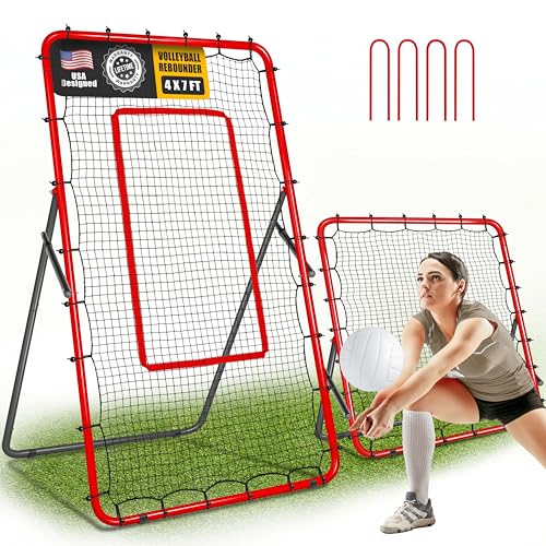 JOLORLY 2-in-1 Volleyball Rebounder Net System, Adjustable from 7x4 ft to 4x4.5 ft, 4-Angle Bounce Back Net, Training Equipment for Volleying, Bumping, Spiking Practice, Resists Twisting (Red)