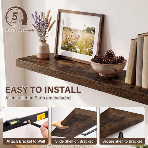 Image of Acovy 10 inch Extra Deep Floating Shelves for Wall, 72 inch Long Wood Wall Shelves Set of 2 for Bathroom Bedroom Kitchen Living Room Laundry Room, Modern Floating Shelf for Home Decor