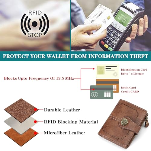 Image of SENDEFN Small Womens Wallet Leather Bifold Card Holder RFID Blocking with Zipper Coin Pocket