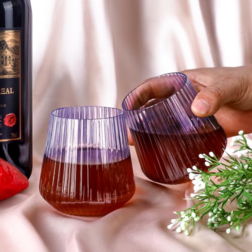 Image of Lueumxc 40 Pack Plastic Ribbed Wine Glasses, 14Oz Origami Disposable Wine Glasses Unbreakable Clear Plastic Cocktail Glasses Recyclable Shatterproof Reusable Wine Cups (14oz-blue-40pack)