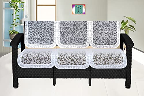 Image of The Furnishing Tree Cotton Floral Knitted Pattern 6 Pieces 3 Seater Sofa Cover Set White