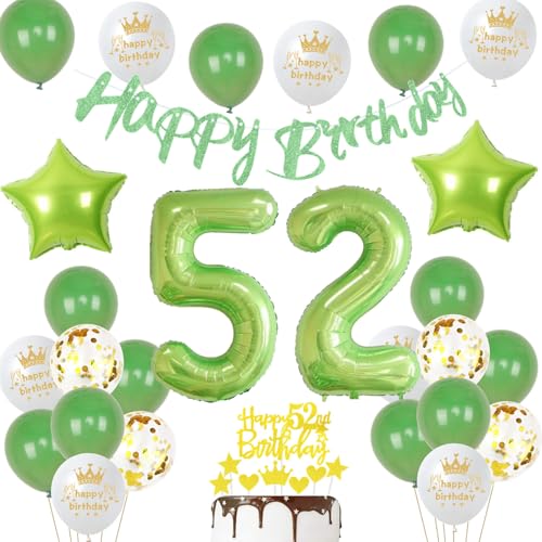 Decoración verde para 52 cumpleaños de hombre y mujer, juego de decoración para 52 cumpleaños, globos verdes gigantes con número 52, guirnalda de Happy Birthday