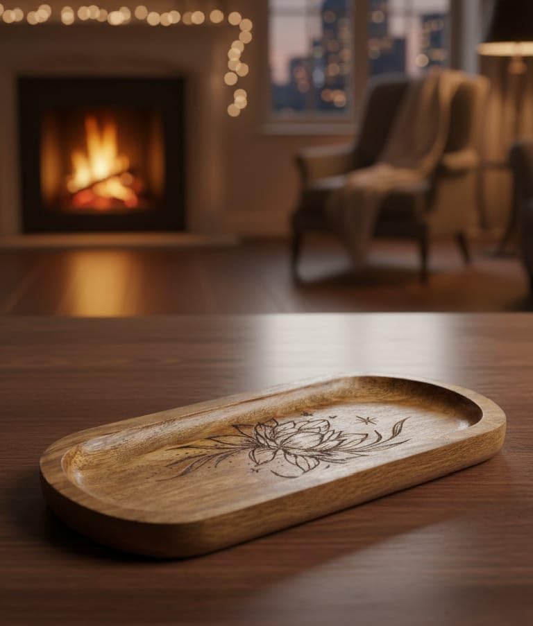 Image of Wooden Jewelry Tray, Oval Shape, L x B x H = 10 x 5 x 0.5 Inch Floral Design, Natural Wood Finish, Organizer for Rings, Necklaces, Earrings And Snacks Serving (Lotus 1)