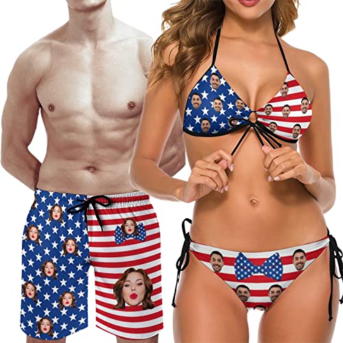Custom Face Couple Matching Swimsuit Personalized Print Women's Bathing Suit&Men's Swim Trunks Beach Shorts for Summer Gift